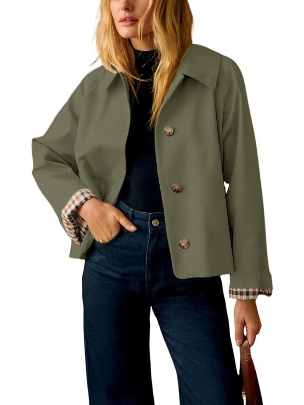 Women's Olive Cropped Plaid Cuff Lining Button Down Single-Breasted Trench Coat